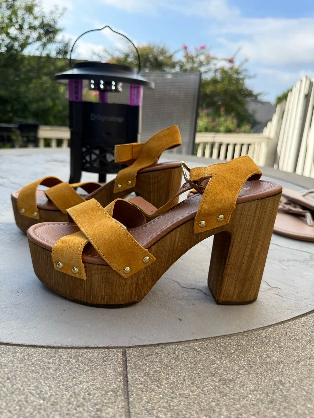 Aldo Mustard Suede Platform Sandals with Wood-Effect Block Heel